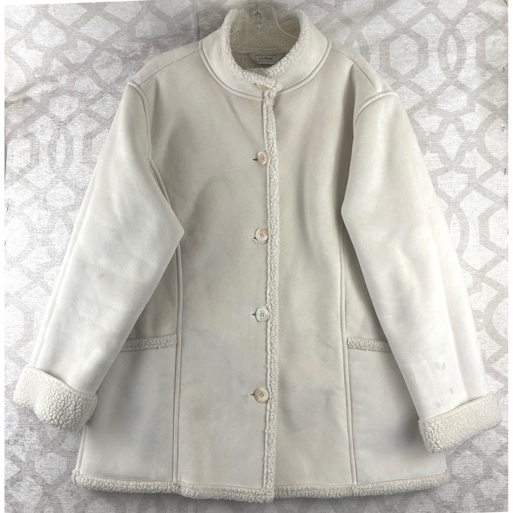LL Bean Womens Large Petite Cream Faux Shearling Sherpa Lined Jacket Coat 0WL06‎